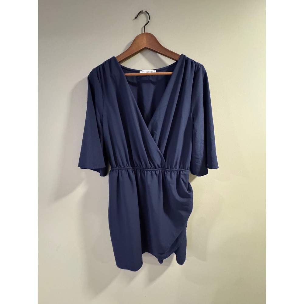 The Vanity Room Mini Dress Faux Wrap V-Neck L Navy Blue Women